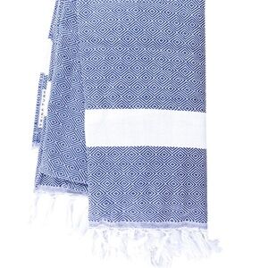 Trina Turk Turkish Blue White Diamond Pattern Beach towel with fringe